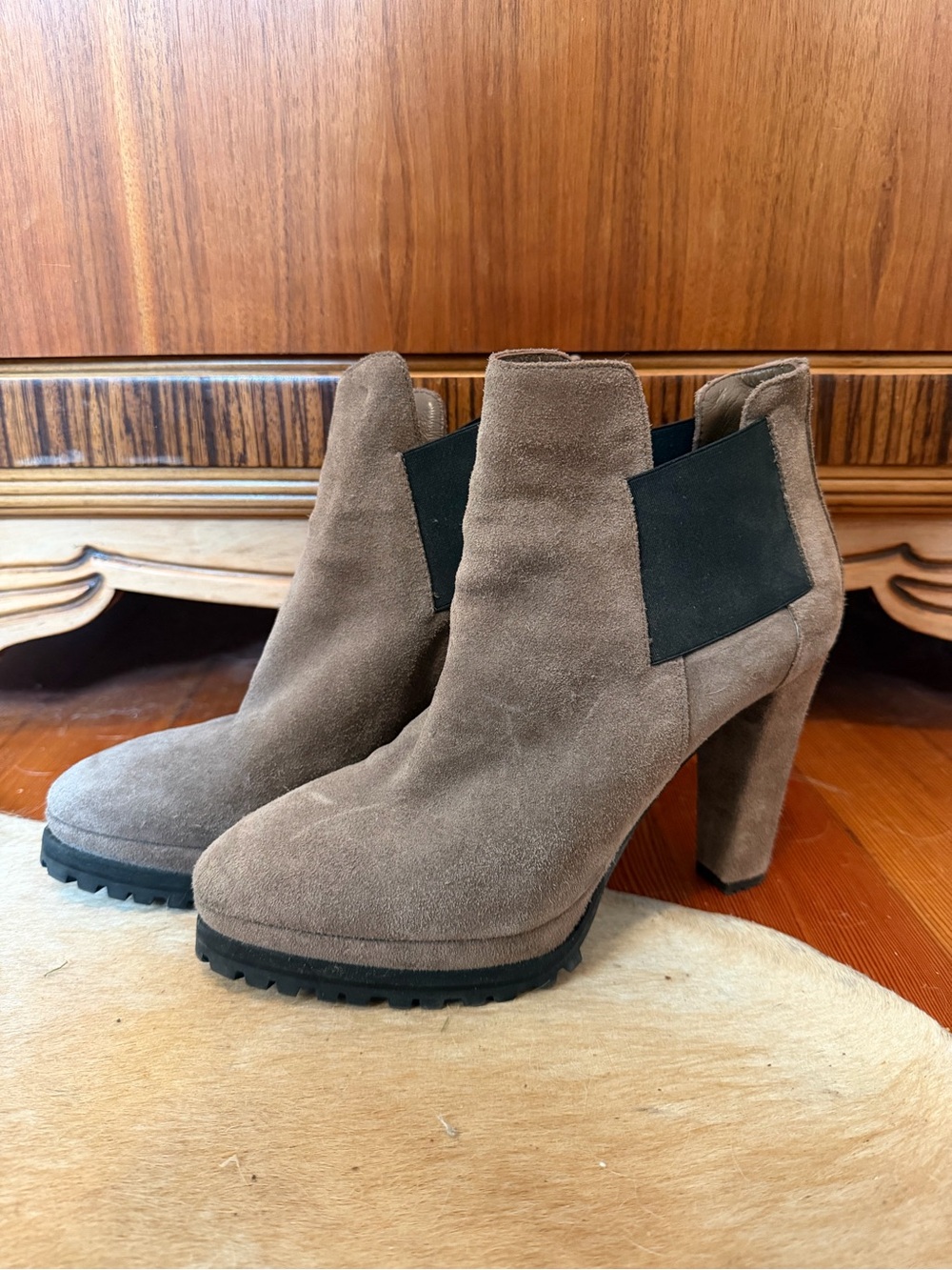 All Saints Grey Suede Platform Chelsea Heeled Boots